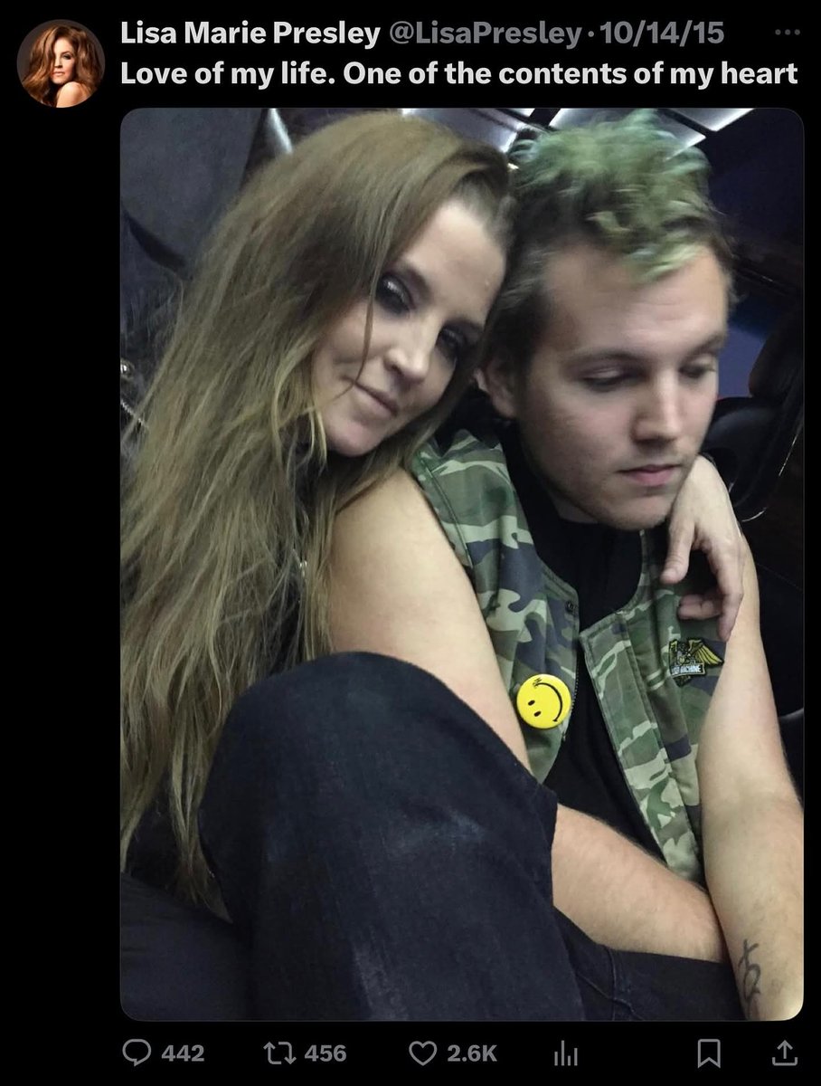 On October 14, 2015, Lisa Marie Presley shared a selfie with her son Benjamin on her twitter account with the caption that read “the love of my life. One of the contents of my heart.”