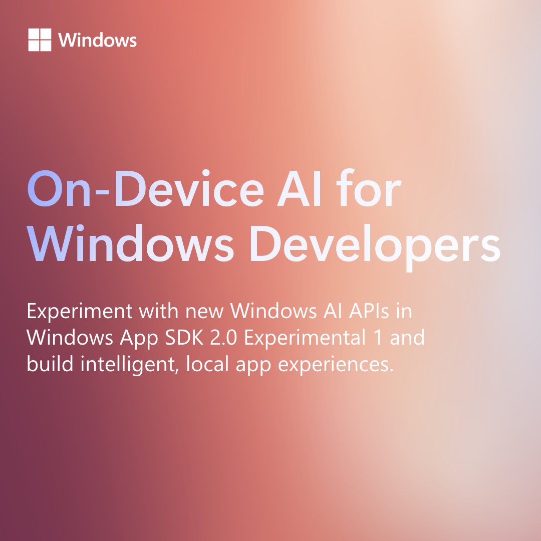 windowsdev's tweet image. Build smarter apps with on-device AI.
Windows App SDK 2.0 Experimental 1 introduces new Windows AI APIs that power text, image, and prompt-based intelligence locally on Copilot+ PCs running the latest Windows 11 Insider Preview.
Learn more: learn.microsoft.com/en-us/windows/…