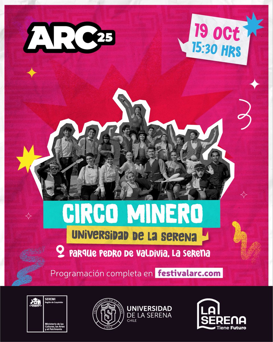 El escenario del ARC 2025 será testigo de la experiencia que da 74 años de funciones 🎪

Con su destreza física, expresión corporal y humor, el Circo Minero de la ULS llegará al Parque Pedro de Valdivia el domingo 19 a las 15:30 hrs🤹‍♂️.

¡No quedes fuera!✨