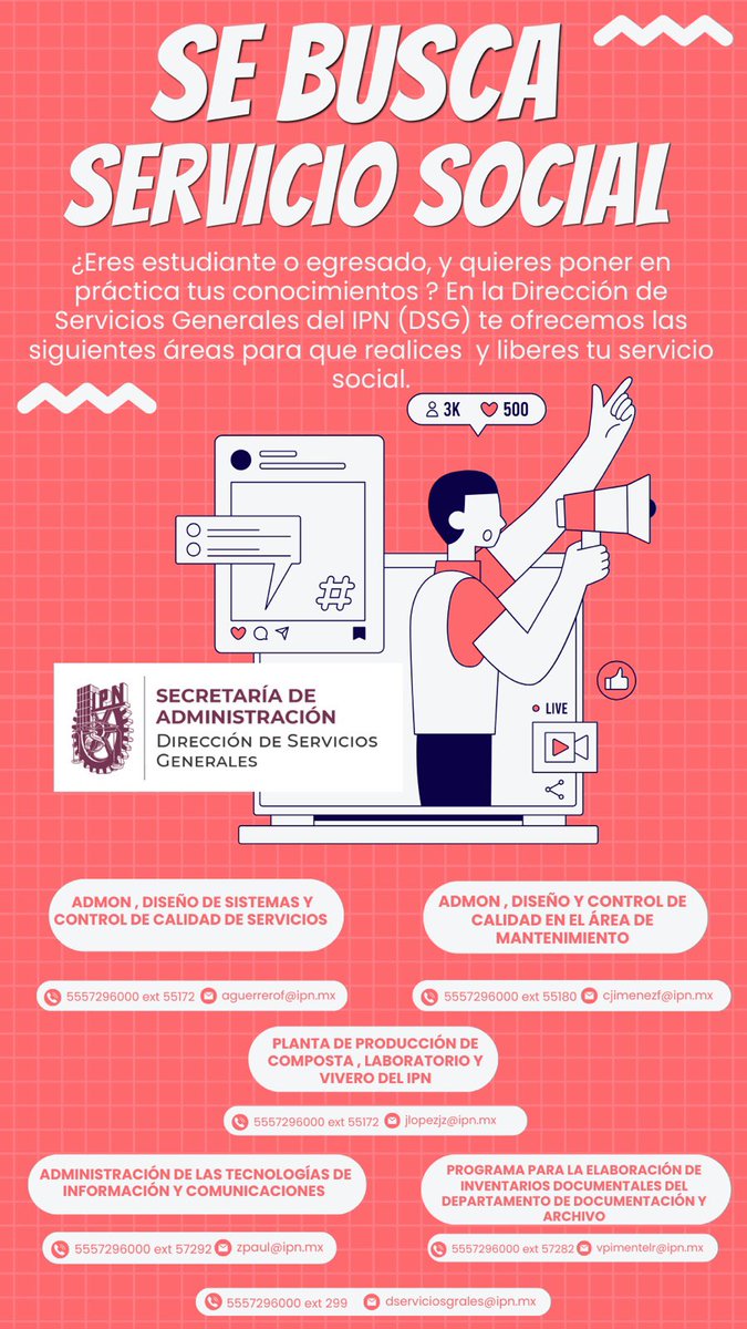¿ Eres estudiante egresado y quieres poner en práctica tus conocimientos ? En la Dirección deServicios Generales del IPN (DSG) te ofrecemos las siguientes áreas para que realices y liberes tu servicio social en las siguientes especialidades.