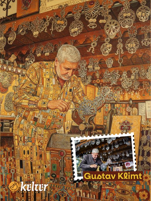 First image shows a worker in striped shirt and cap mopping a floor covered in salt piles inside a large glass-domed structure with colorful geometric panels and blue sky visible through, styled in Pablo Picassos cubist manner, with a stamp of a similar scene and text Pablo Picasso. Second image depicts two young boys in colorful clothes riding a donkey on a yellow field under a swirling starry blue night sky with mountains, in Vincent van Goghs post-impressionist style, including a stamp of a landscape with riders and text Van Gogh. Third image portrays an elderly man in yellow patterned suit crafting intricate lace jewelry at a workbench surrounded by hanging designs in a ornate room, in Gustav Klimts art nouveau style, with a stamp showing the craftsman and text Gustav Klimt. Fourth image illustrates a beekeeper in white suit holding a smoker near honeycomb boxes at sunset with red sky and mountains, in Edvard Munchs expressionist style, featuring a stamp of the beekeeper scene and text Edvard Munch. All images have Kultur label.