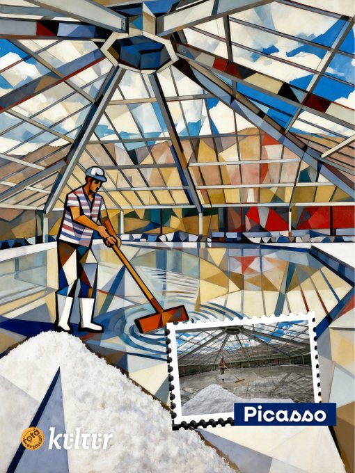 First image shows a worker in striped shirt and cap mopping a floor covered in salt piles inside a large glass-domed structure with colorful geometric panels and blue sky visible through, styled in Pablo Picassos cubist manner, with a stamp of a similar scene and text Pablo Picasso. Second image depicts two young boys in colorful clothes riding a donkey on a yellow field under a swirling starry blue night sky with mountains, in Vincent van Goghs post-impressionist style, including a stamp of a landscape with riders and text Van Gogh. Third image portrays an elderly man in yellow patterned suit crafting intricate lace jewelry at a workbench surrounded by hanging designs in a ornate room, in Gustav Klimts art nouveau style, with a stamp showing the craftsman and text Gustav Klimt. Fourth image illustrates a beekeeper in white suit holding a smoker near honeycomb boxes at sunset with red sky and mountains, in Edvard Munchs expressionist style, featuring a stamp of the beekeeper scene and text Edvard Munch. All images have Kultur label.