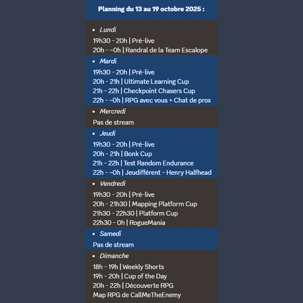 Semaine prochaine je prendrai une petite pause pour préparer le gros mois de Kacky qui arrive 🥳
Tout ça sur : twitch.tv/yannex