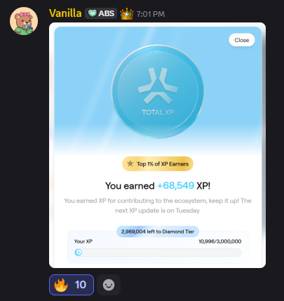 AltcoinSurfers's tweet photo. Happy @AbstractChain XP Tuesday!

Congratulations to the first Platinum Tiers in our community - Denis &amp; Vanilla 👏🥳

Top XP earners:
@DenisVlg000 109,473 XP
@ValentinaL51142 68,549 XP
@geniexbtz 46,070 XP
@winningispower 41,925 XP

Q4 will be juicy for everybody on Abstract ✳ https://t.co/OGSKtzWtSH