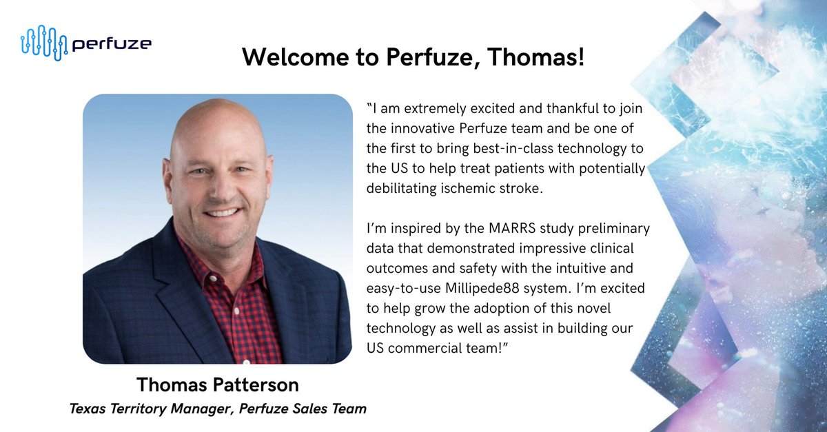 PerfuzeStroke's tweet photo. As we expand into the US market, we are pleased to welcome our newest team member, Thomas Patterson, who is joining the Perfuze Sales Team.  Welcome to the team, Thomas! We’re excited for what’s ahead.

@Wayne_Perfuze

#NewTeamMember #MedTech #Perfuze https://t.co/kOCdx6cF18