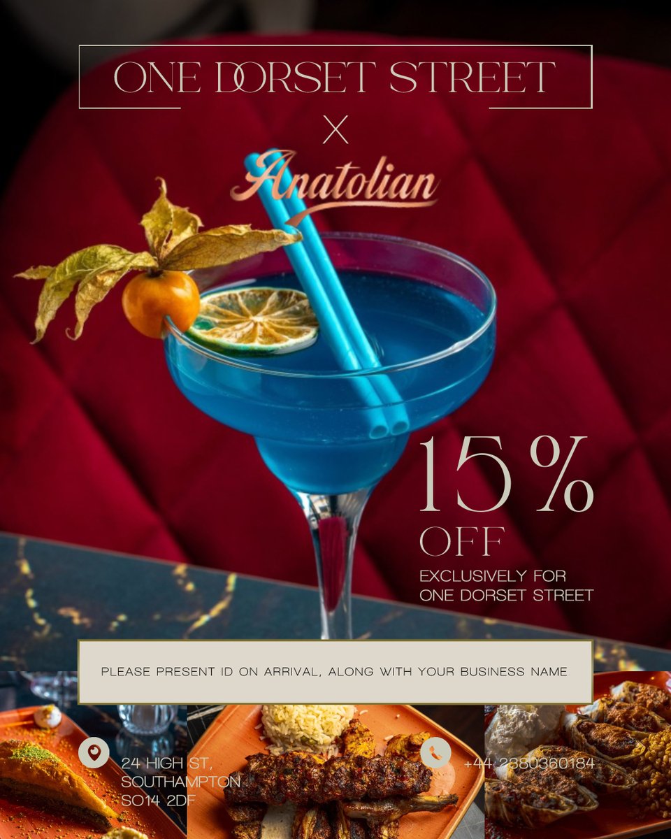 DorsetOne's tweet image. We&apos;re Delighted to introduce new tenant discounts at Anatolian Turkish Kitchen - Bringing authentic Mediterranean flavours to our One Dorset Street community. 🍽️ #Tenantbenefits #Localdining #Mediterraneanflavours