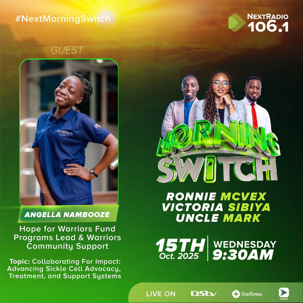 RaremarkFdn's tweet photo. 🎙 Tomorrow, 9:30AM

 Don’t miss @steven_B256  and @angellanam2010  as they sit with  #NextRadioUg  on the Next Morning Switch  and unpack how collaboration drives progress in advancing sickle cell treatment, advocacy, and support systems. https://t.co/LFUgPkGV1I