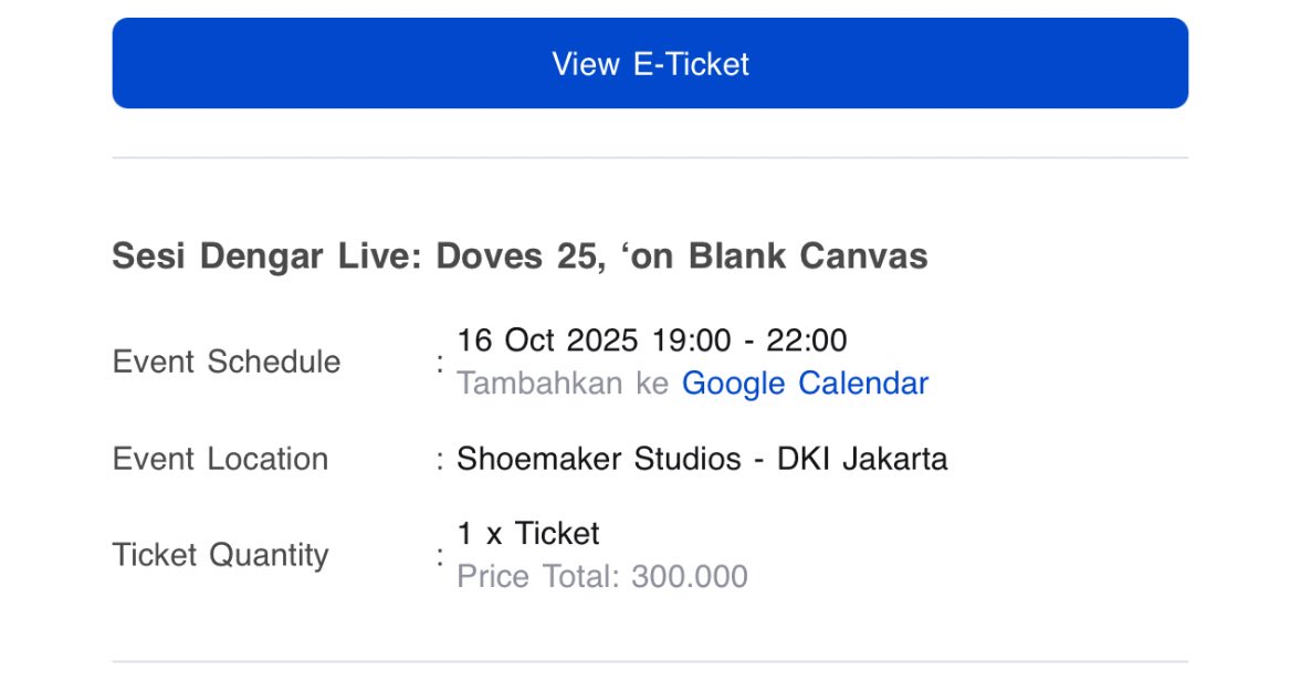 etalaserasa's tweet photo. WTS tiket sesi dengar live doves 25 on blank canvas hindia 16 october 2025 cikini, show only (1 tix) 275k. cancel karena ada dinas kantor. minat rep/dm https://t.co/dlBreWue8L