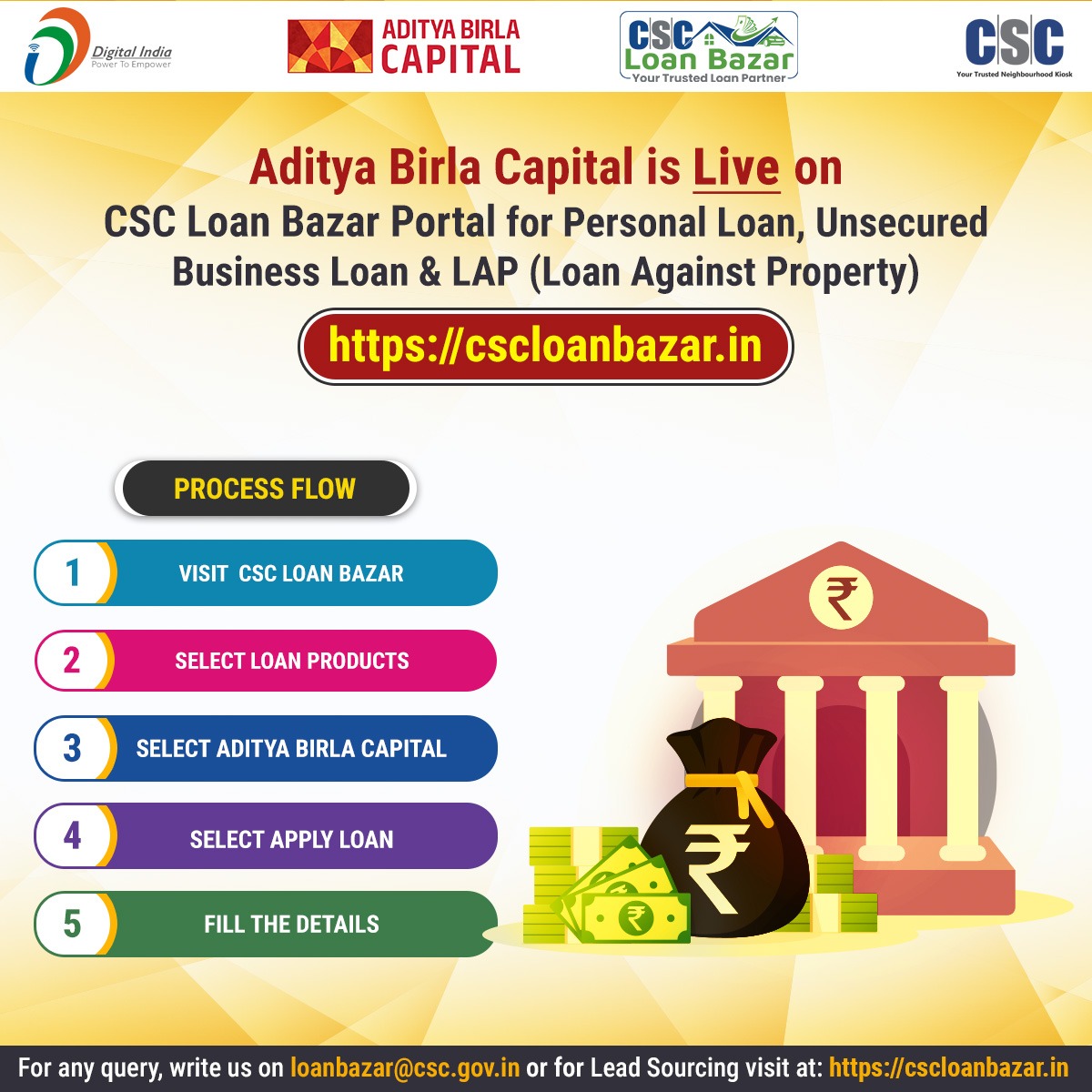 cscfinancial_'s tweet image. Congratulations!
Aditya Birla Capital is LIVE on CSC Loan Bazar Portal for Personal Loan, Unsecured Business Loan, LAP (Loan Against Property)
Live States: Andhra Pradesh, Chhattisgarh, Haryana, Maharashtra, Madhya Pradesh, Punjab, Telangana
Contact us: loanbazar@csc.gov.in
#csc
