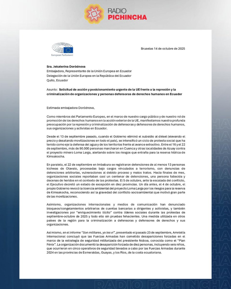 radio_pichincha's tweet photo. 🛑#Atención | Representantes del Parlamento Europeo expresan su "preocupación por la represión y criminalización de defensoras y defensores de derechos humanos, sus organizaciones y activistas en Ecuador", en el marco del #ParoNacional2025. Además, solicitan a Jekaterina Doródnova, Representante de la Unión Europea en Ecuador, emitir una declaración pública urgente "exhortando al cese inmediato del uso excesivo de la fuerza, de la criminalización de la protesta y de las hostilidades contra activistas y comunidades". 
#LaRadioDeLasNoticias