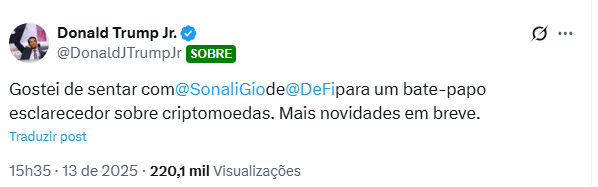 LoboCriptoReal's tweet image. O @DonaldJTrumpJr postou novamente sobre o token DEFI, um novo movimento está por vir neste ativo, fiquem ligados!