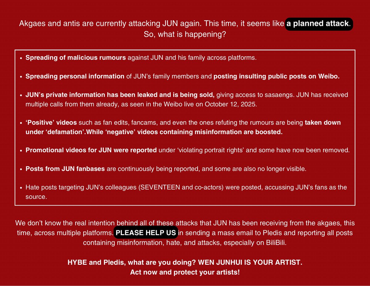 JunBase (@wjh_base) on Twitter photo Your artist Wen Junhui and his family are currently getting attacked on Chinese social media. The attck on Jun in particular is career threatening and we demand strong action against antis.
PLEDIS PROTECT JUNHUI
#XCSSTreatJunhuiFairly
#JUN #์ค #ๆไฟ่พ
<a href="/pledis_17/">์ธ๋ธํด(SEVENTEEN)</a> <a href="/pledis17_STAFF/">SEVENTEEN STAFF</a> Your artist Wen Junhui and his family are currently getting attacked on Chinese social media. The attck on Jun in particular is career threatening and we demand strong action against antis.
PLEDIS PROTECT JUNHUI
#XCSSTreatJunhuiFairly
#JUN #์ค #ๆไฟ่พ
<a href="/pledis_17/">์ธ๋ธํด(SEVENTEEN)</a> <a href="/pledis17_STAFF/">SEVENTEEN STAFF</a>