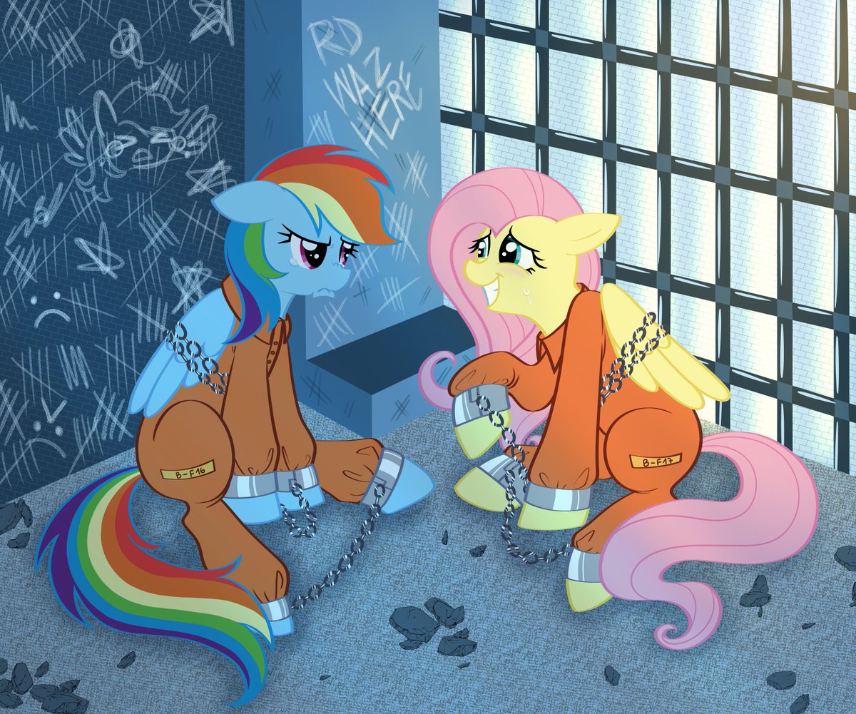 moparholic's tweet photo. Fluttershy looks a bit guilty here, oh my. These two girls aren't ready for life behind bars. They freshly decorated the cell though! #mylittlepony #mlp #mlpg4 #jumpsuits
DD_mlp is artist https://t.co/XuLw0OU3tH
