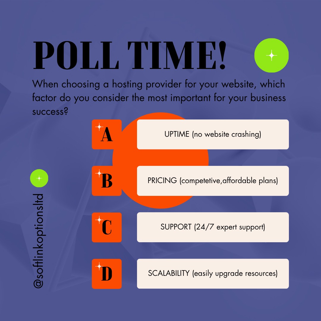 softlinkoptions's tweet image. POLL TIME! 🔥

When choosing a hosting provider, what matters MOST to your business?

💬 Vote below!

A) Uptime (no crashes)
B) Pricing (affordable plans)
C) Support (24/7 help)
D) Scalability (easy upgrades)
#Poll #WebHosting #BusinessTech #KenyaBusiness