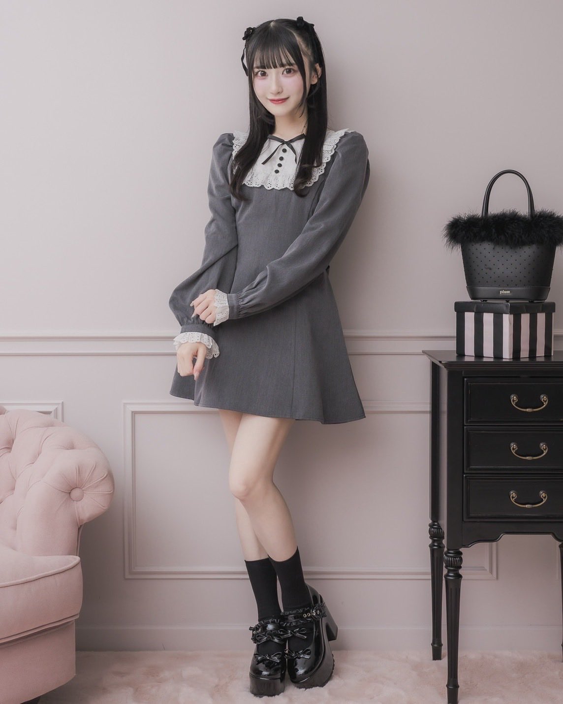 pium コットンレースドーリーカフェワンピース チャコール コットンレースドーリーカフェワンピ – pium