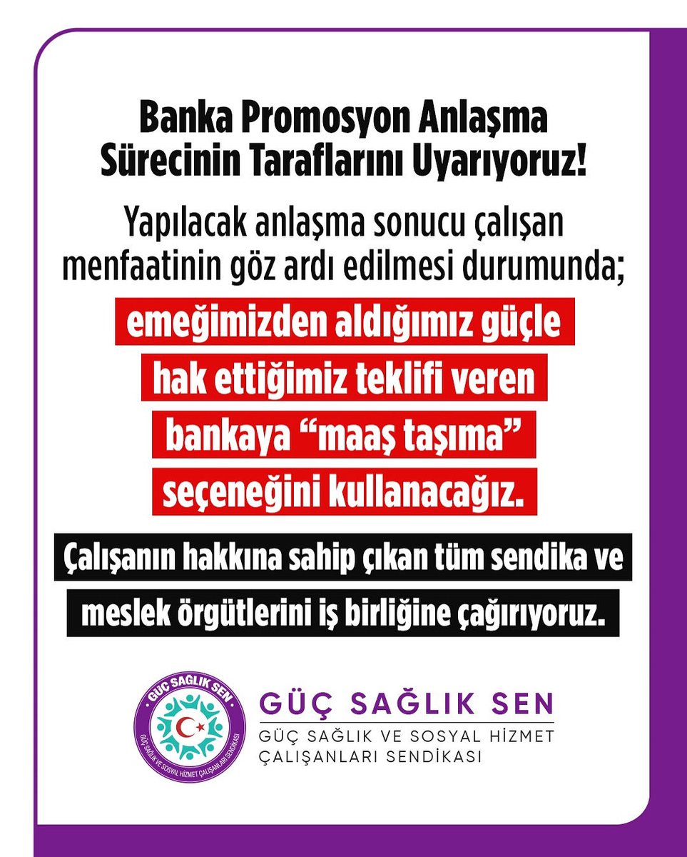 Banka promosyon anlaşma sürecinin taraflarına sesleniyoruz!

Borç batağı ve harcama garantisi içeren, “para puan, faizsiz kredi” gibi seçenekler promosyon değildir.

Anlaşmalarda banka promosyonlarına muhtaç edilen çalışanların çıkarı gözetilmelidir.
#promosyonhakkımadokunma