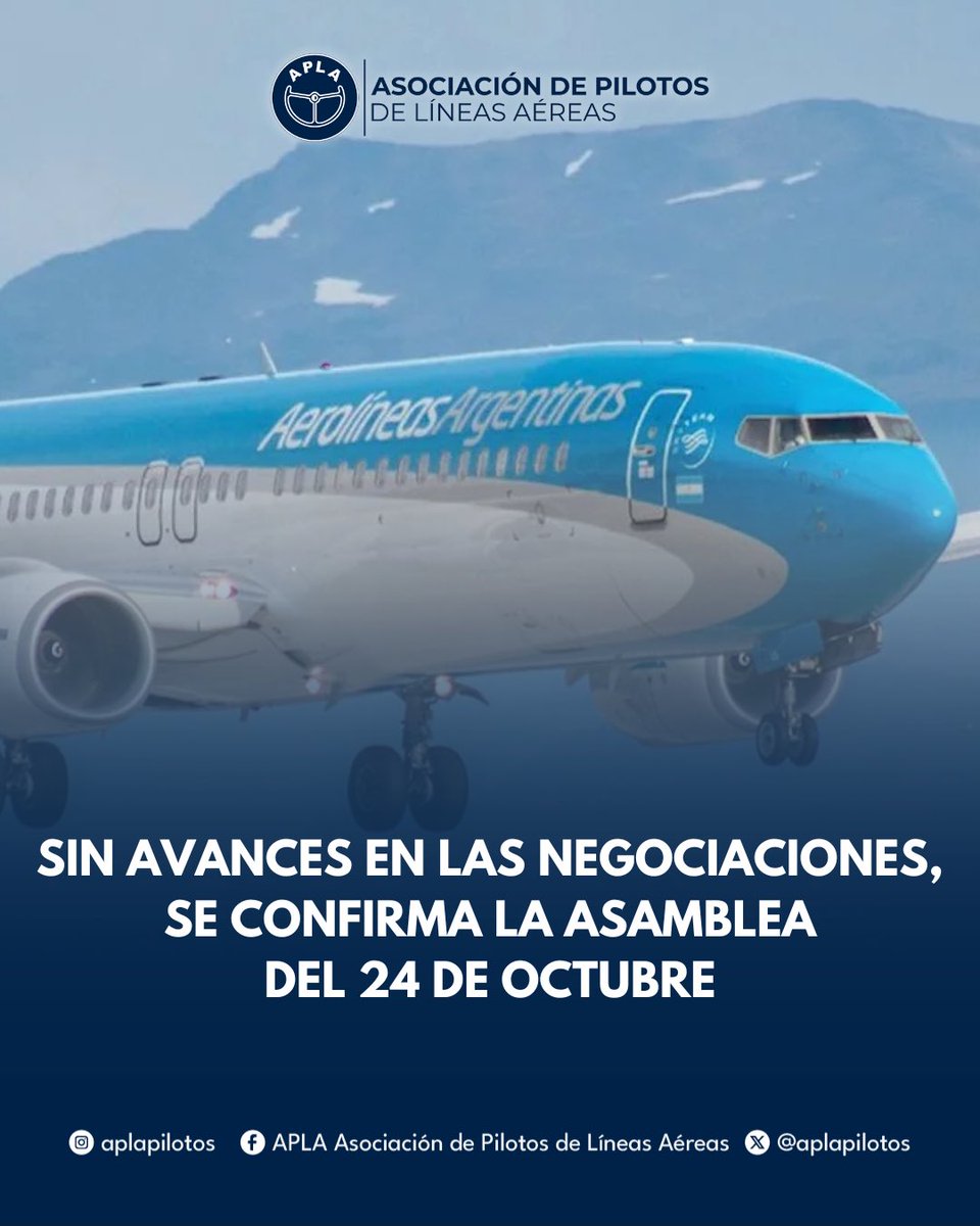 ‼️ 𝗦𝗶𝗻 𝗮𝘃𝗮𝗻𝗰𝗲𝘀 𝗲𝗻 𝗹𝗮𝘀 𝗻𝗲𝗴𝗼𝗰𝗶𝗮𝗰𝗶𝗼𝗻𝗲𝘀, 𝘀𝗲 𝗰𝗼𝗻𝗳𝗶𝗿𝗺𝗮 𝗹𝗮 𝗮𝘀𝗮𝗺𝗯𝗹𝗲𝗮 𝗱𝗲𝗹 𝟮𝟰 𝗱𝗲 𝗼𝗰𝘁𝘂𝗯𝗿𝗲 

Como resultado de la asamblea realizada el día jueves en Aeroparque, fuimos convocados por la empresa Aerolíneas Argentinas a una nueva