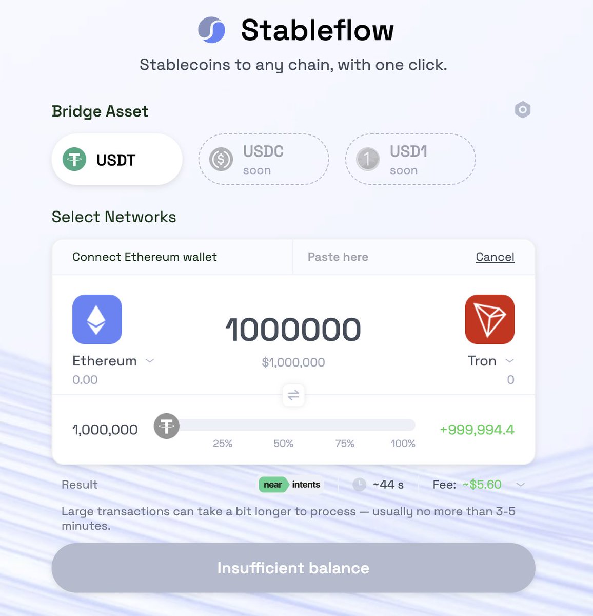 Moving native USDT from Ethereum to Tron or viceversa has never been easier and cheaper. 

$1M USDT transfer 
44 seconds
$5 fee 

That’s 0.05 bps. Let that sink in.