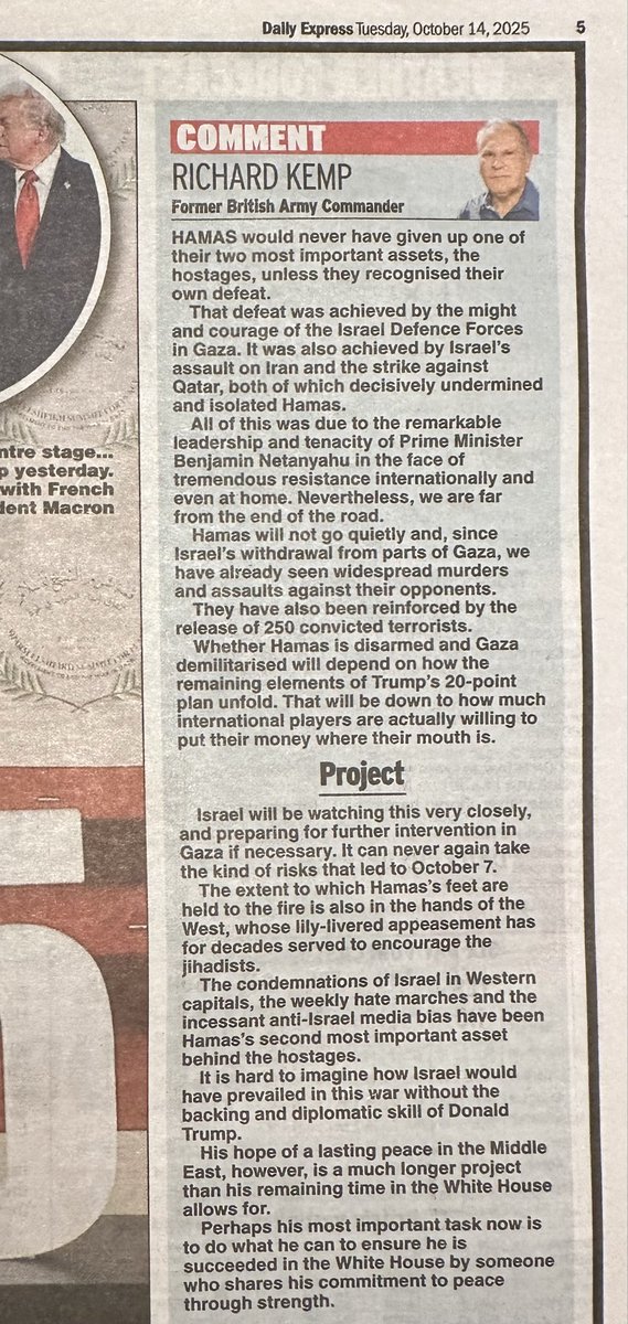 COLRICHARDKEMP's tweet image. Ceasefire deal. There is a long road ahead. Trump’s most important task is now to ensure he is succeeded in the White House by someone who shares his commitment to peace through strength. My article in today’s Daily Express.