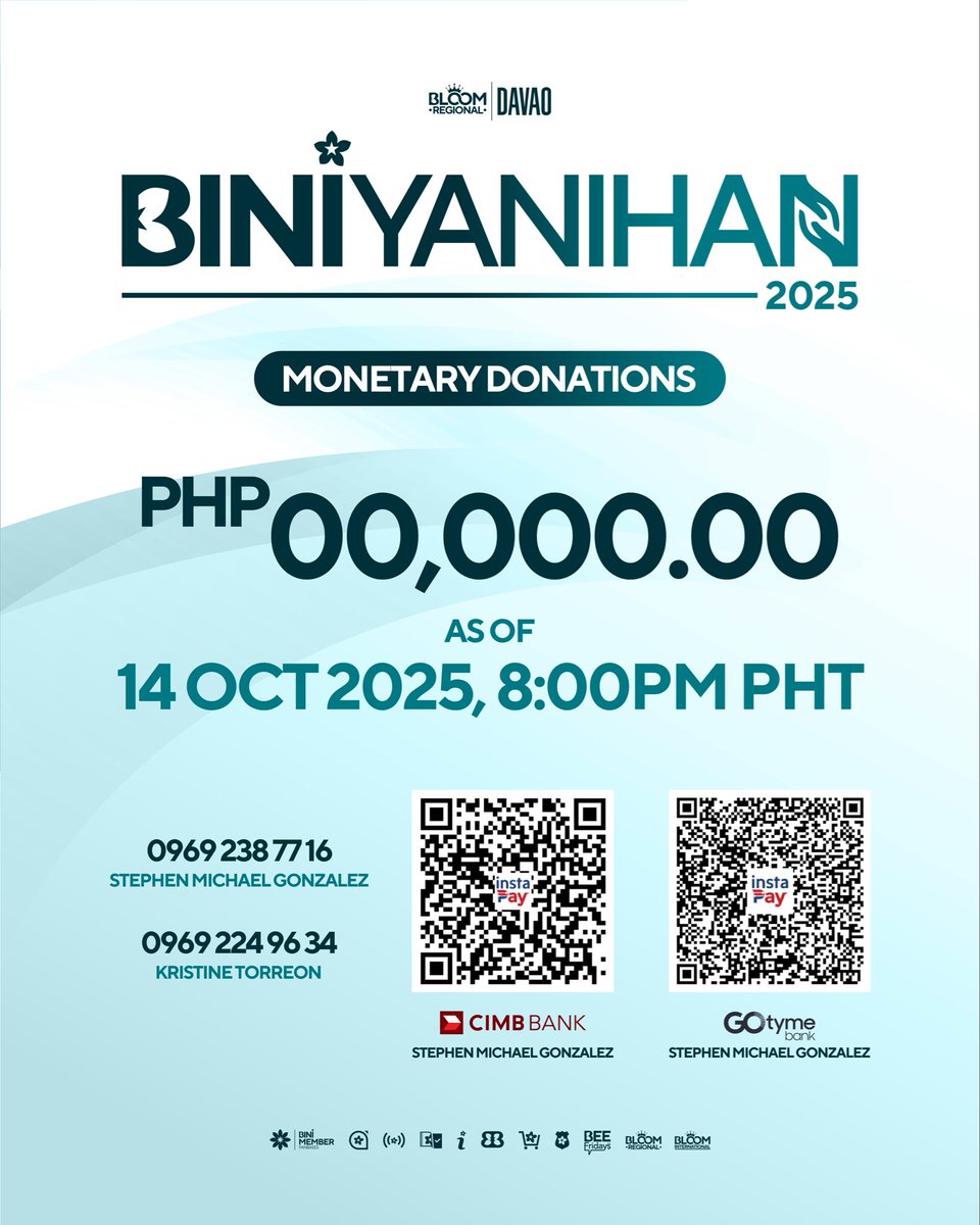 #ProjectBINIyanihan Activated 🌸

📢 CALL FOR DONATIONS

Blooms, sama-sama tayong tumulong! 
Davao needs our support, and every little act of kindness counts.

📌 Check out the donation details and sourcing areas provided by Team Bloom Davao below. 

Donation form: