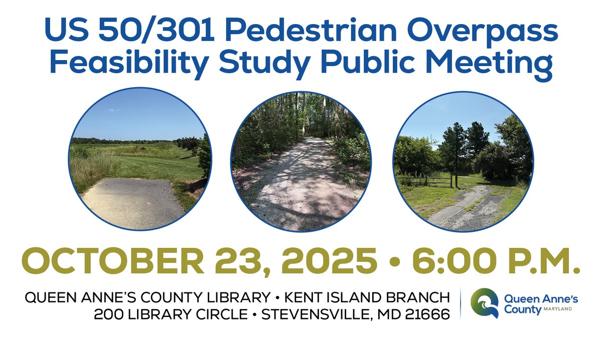 Your input matters! Attend the Public Meeting on the US 50/301 Pedestrian Overpass Study
Oct 23 | 6 PM
Kent Island Library
Comments accepted until Nov 5  qac.org