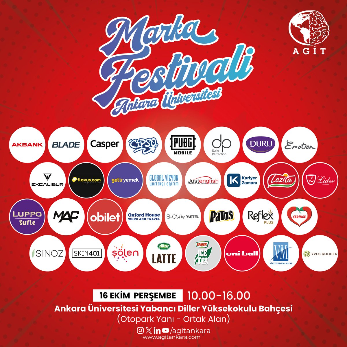 Ankara Üniversitesi Girişimcilik ve İnovasyon Topluluğu olarak Ankara Üniversitesi Marka Festivali'ni 9. kez gerçekleştireceğimizi duyurmaktan mutluluk duyuyoruz!

Bu keyifli festivali kaçırma! Sen de Ankara Üniversitesi Marka Festivali'ne katıl hediyelerini kap!

#markafestivali