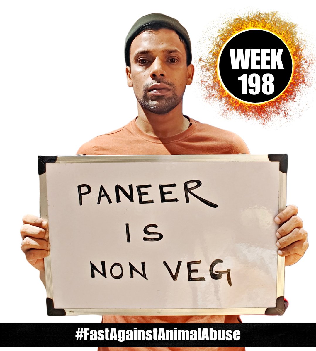 VeganProphet's tweet photo. I completed week 198 of the weekly 24 hour dry fast campaign this Sunday to raise awareness about Animal abuse. #FastAgainstAnimalAbuse
This week’s message: Paneer is Non-Veg.
Because dairy needs calf slaughter. Milk and meat are two sides of the same cruelty. https://t.co/kiS2Vvfo6L