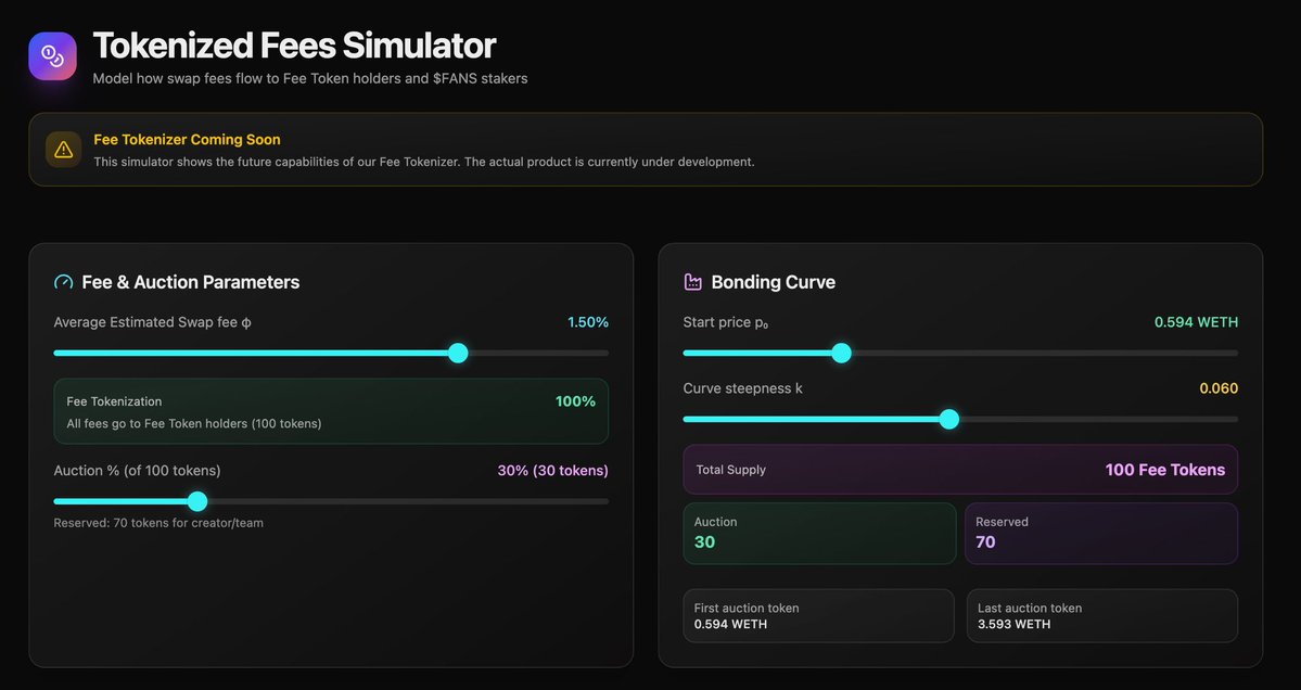 NodarJ's tweet image. As we await audit & gear up for the Fee Tokenizer launch, wanted to share some new resources 💦
🖼️ Updated landing page: pool.fans
⚙️ Docs: poolfans.gitbook.io
🎛️ Fee Tokenizer Simulator: pool.fans/simulator
Would love your feedback as you play with the…