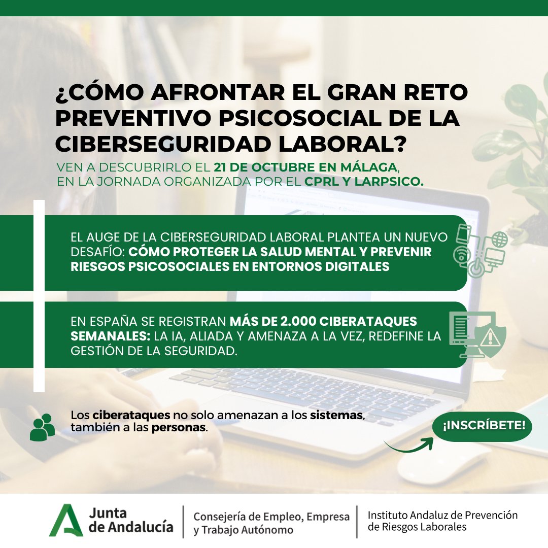 IAPRL's tweet photo. 🛡️ Ciberseguridad y Bienestar Laboral: un reto compartido.
Los ciberataques también afectan a la salud psicosocial.
👉 Súmate al debate el 21/10 en Málaga (presencial y online).
📌 Inscríbete: https://t.co/A4IX62k4Cw
#LARPSICO #CiberseguridadLaboral #IAPRL #Malaga https://t.co/bSJTqqnRD1