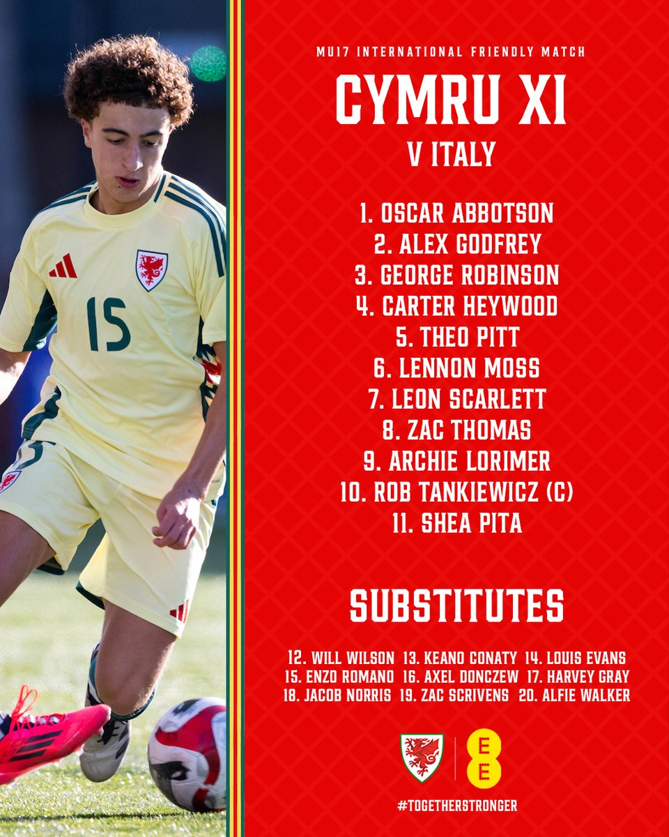 CYMRU XI 🇮🇹🏴󠁧󠁢󠁷󠁬󠁳󠁿

Our MU17s line-up to face Italy. KO is 2pm 💪