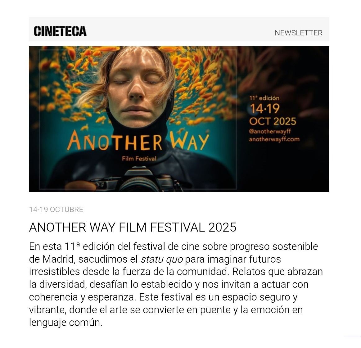 Cineteca Madrid (@cinetecamadrid) on Twitter photo ‼️¿Aún no estás suscrito a nuestra newsletter? Acogemos esta semana la 11ª edición de <a href="/AnotherWayFF/">Another Way Film Festival</a>, que os invita a imaginar juntos futuros irresistibles, desde la fuerza de la comunidad.
Aquí te puedes suscribir⤵
bit.ly/48ccPyf
#AnotherWayXIEdición📍#CinetecaMadrid ‼️¿Aún no estás suscrito a nuestra newsletter? Acogemos esta semana la 11ª edición de <a href="/AnotherWayFF/">Another Way Film Festival</a>, que os invita a imaginar juntos futuros irresistibles, desde la fuerza de la comunidad.
Aquí te puedes suscribir⤵
bit.ly/48ccPyf
#AnotherWayXIEdición📍#CinetecaMadrid