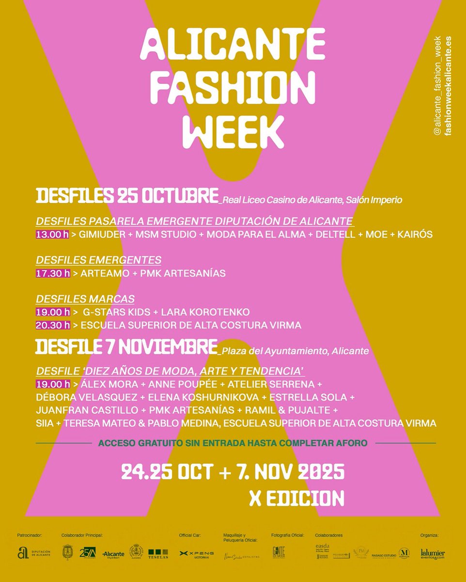 ✂️ PROGRAMA DESFILES X EDICIÓN ALICANTE FASHION WEEK | 25 octubre + 7 noviembre

⚠️Acceso LIBRE Y GRATUITO hasta completar aforo.