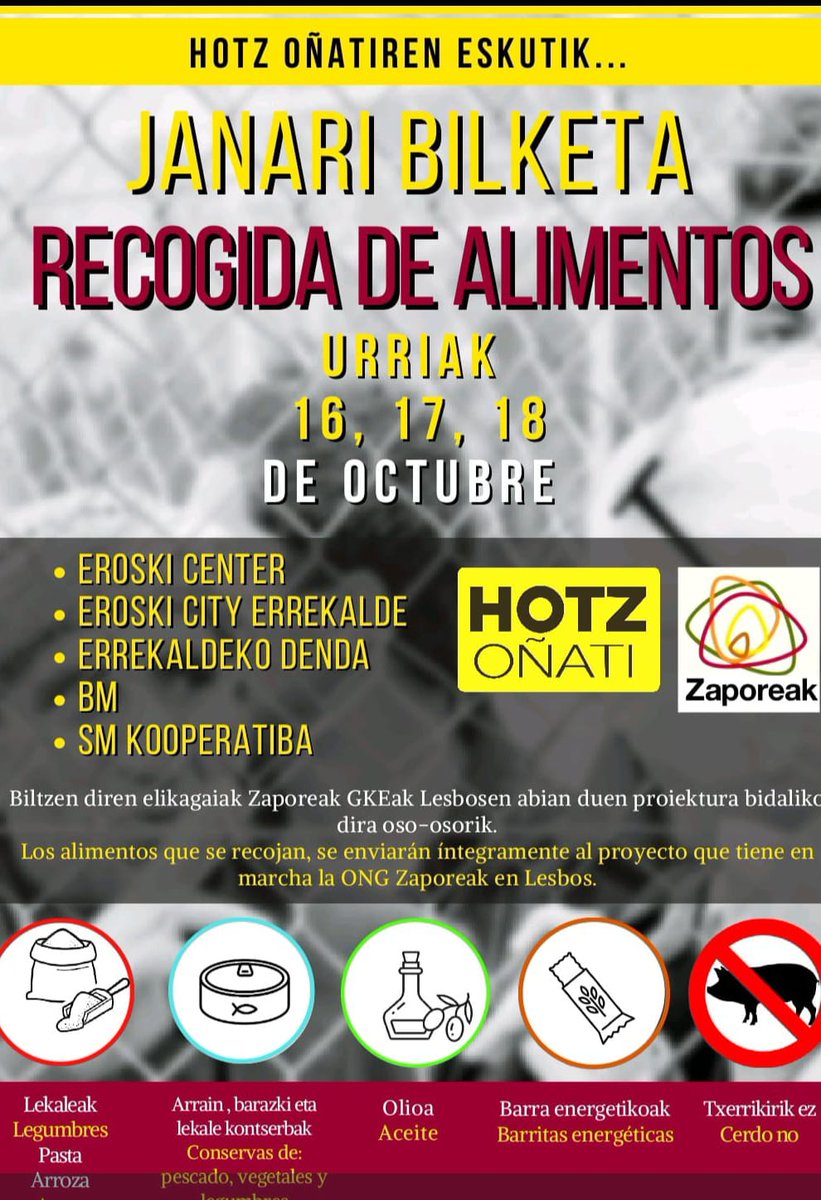 [eus] Aste honetan Hotz Oñatiko lagunek elikagai bilketa bat antolatu dute gure sukaldea elikagaiez kubritzeko, animatu parte hartzera!
[cas] Esta semana nuestros amigos de Hotz Oñati han organizado una recogida para llenar de alimentos la cocina de Grecia, anímate a participar!