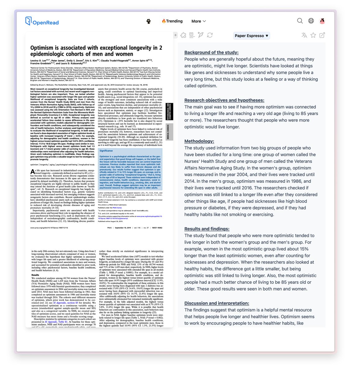 <a href="/NTFabiano/">Nicholas Fabiano, MD</a> Breakdown of the paper:

Title: Optimism is associated with exceptional longevity in 2 epidemiologic cohorts of men and women

Results and findings:

The study found that people who were more optimistic tended to live longer in both the women's group and the men's group. For