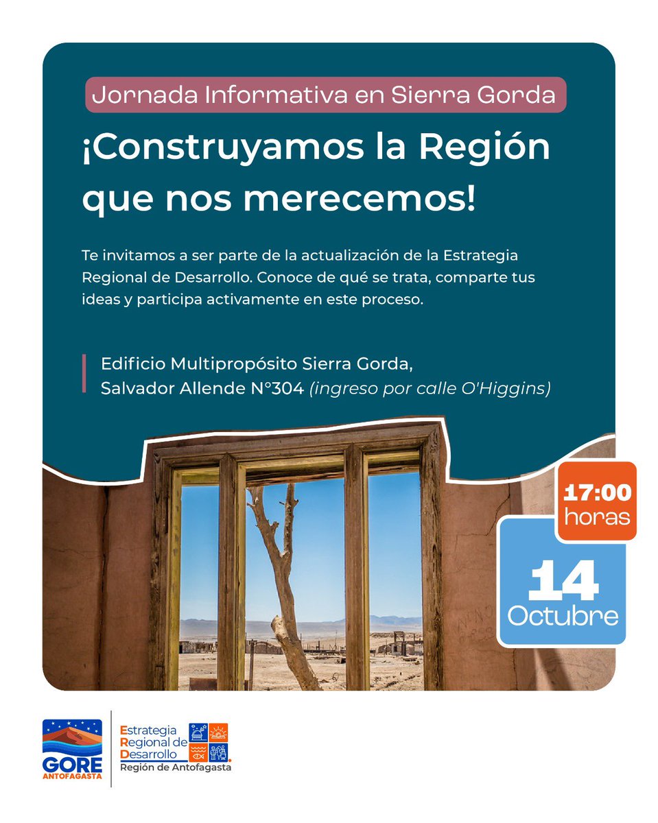 GOREAntofagasta's tweet photo. ¡Atención #Mejillones, #Taltal, #SierraGorda, #MaríaElena y #Antofagasta: Construyamos la región que merecemos! ✨☀️

👉 El Gobierno Regional de Antofagasta realizará jornadas informativas de la Actualización de la Estrategia Regional de Desarrollo (ERD). https://t.co/xXirr2HJc7