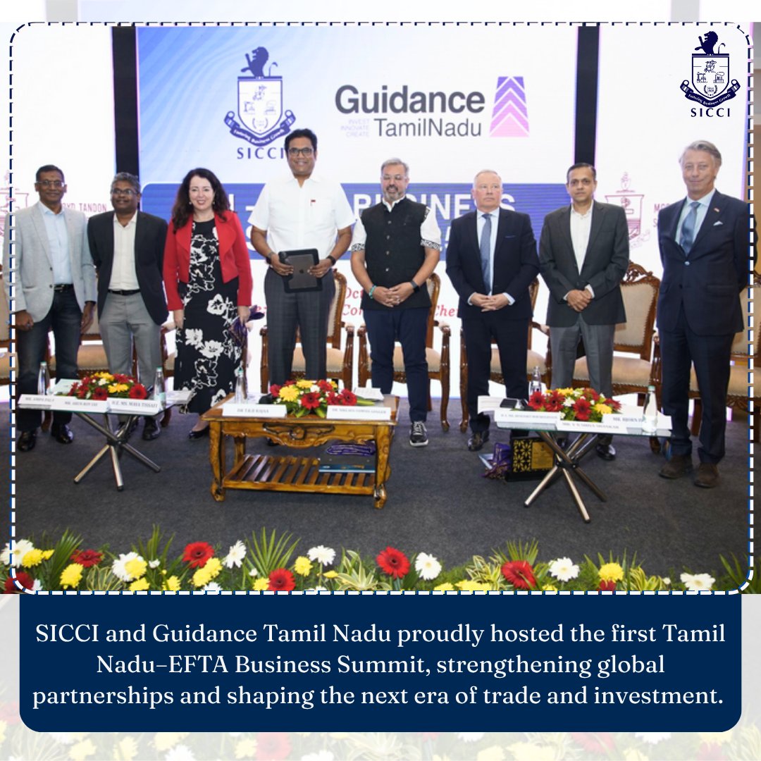 SICCI hosted the Tamil Nadu–EFTA Business Summit 2025, driving the India–EFTA TEPA forward — paving the way for $100B in investments! 🌍

Global leaders united to strengthen innovation, trust &amp; trade ties. 🇮🇳🤝🇨🇭🇳🇴🇮🇸

#SICCI #EFTA #TEPA #GlobalTrade #InvestInTamilNadu #TamilNadu
