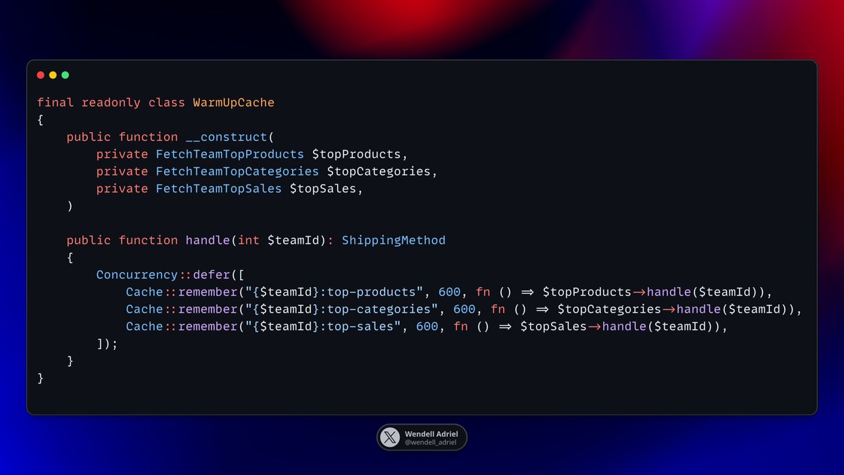 wendell_adriel's tweet image. Laravel Tip 🚀
Do you know that Laravel provides a simple way to run concurrent tasks with the Concurrency facade?
And if you're not interested in using the results of these tasks you can use the defer() method to be executed only after the user receives the response back?
In…
