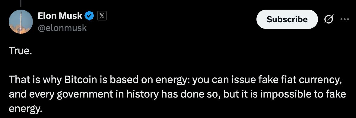 BitcoinArchive's tweet photo. ELON MUSK: "Bitcoin is based on energy: you can issue fake fiat currency, and every government in history has done so, but it is impossible to fake energy.” 

World's richest man is a Bitcoiner 🟧 https://t.co/spVLXac0iG