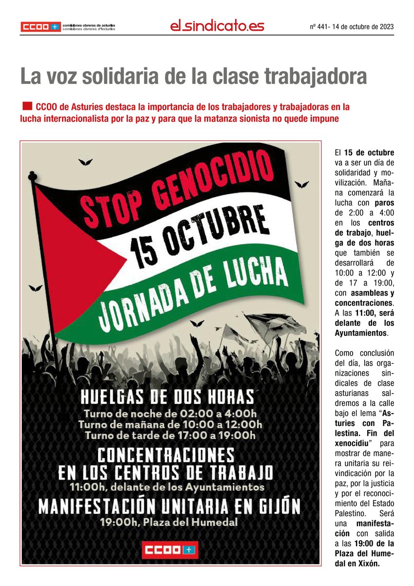 Días de intensa actividad sindical. Mañana habrá una jornada de lucha contra el genocidio,  el viernes y sábado tendrá lugar en Gijón el congreso de <a href="/fundacion1mayo/">Fundacion 1º de Mayo</a>,  y el viernes, 17:30, concentración en  Oviedo por la supresión del peaje del Huerna

 🗞️asturias.ccoo.es/d118e12cfb957d…