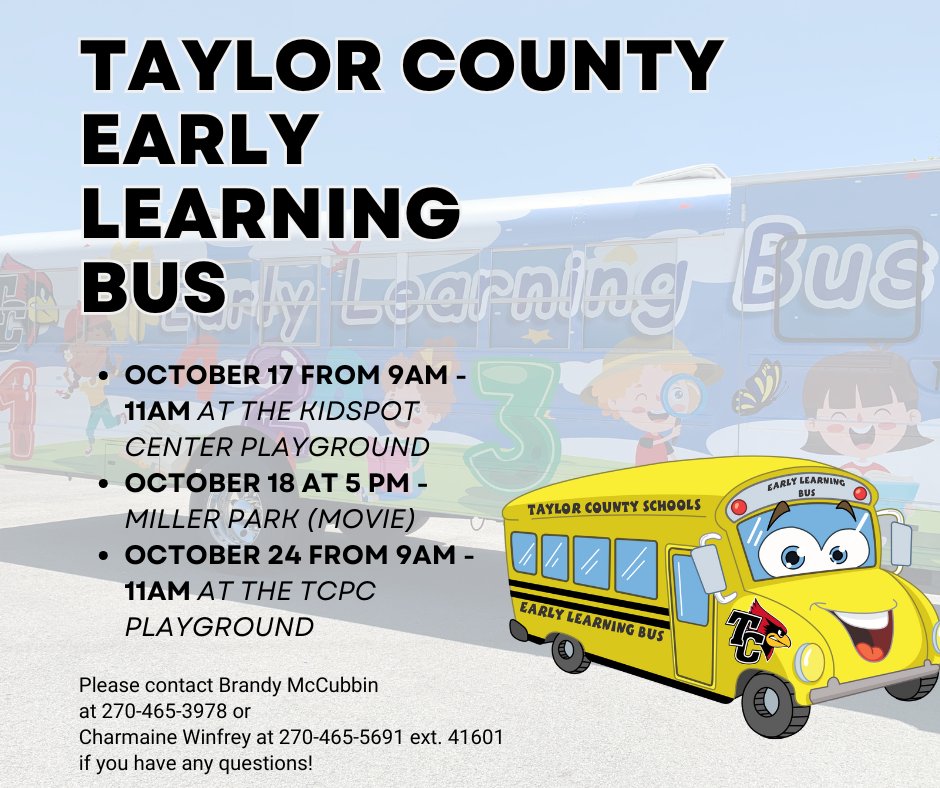 TC_Schools_KY's tweet image. The Early Learning Bus will be set up this Friday and Saturday! 

Friday from 9 AM - 11 AM at The Kid Spot Center playground and Saturday at 5:00 PM at Miller Park! 

#tcpride #tccares #EarlyLearningBus
