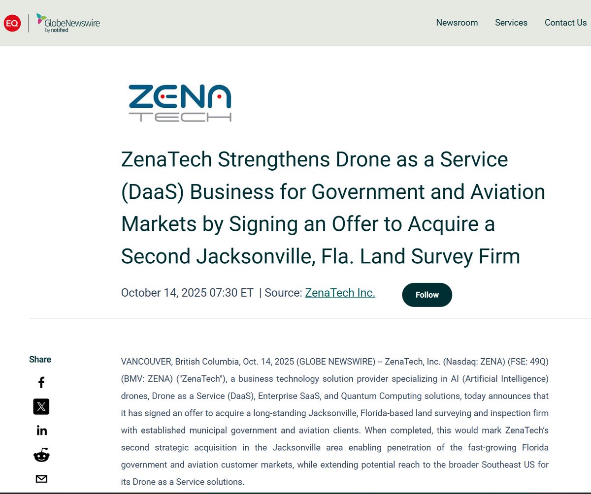 CrusaderStocks's tweet image. $ZENA #NEWS ZenaTech Strengthens Drone as a Service (DaaS) Business for Government and Aviation Markets by Signing an Offer to Acquire a Second Jacksonville, Fla. Land Survey Firm (Nasdaq: ZENA) globenewswire.com/news-release/2… @ZenatechInc @ZenadroneInc @Nasdaq #DAAS #Drones #LandSurveys