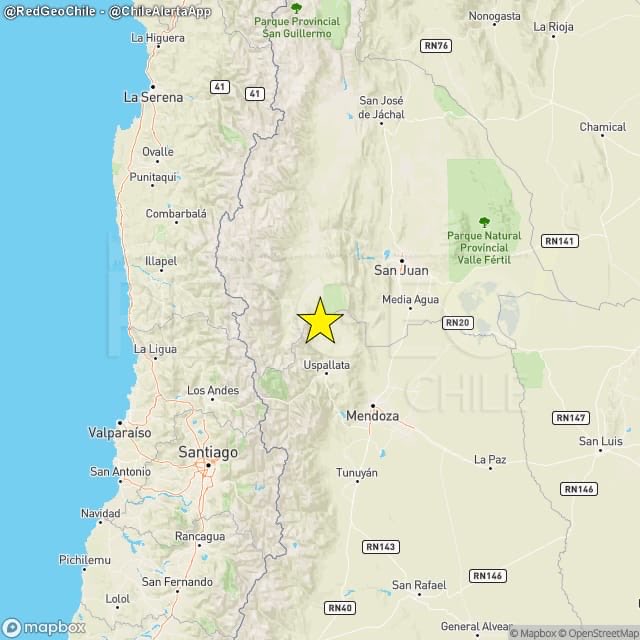 RedGeoChile's tweet photo. REVISADO ⚠️ | Sismo de magnitud 4.6 (Mw) ocurrió a las 15:58:40 horas de ayer, lunes 13 de octubre del 2025, a 66 km al este de #CerroMercedario (#SanJuan, #Argentina 🇦🇷), con una profundidad de 116 kilómetros (Fuente: #INPRES).

🚩 Lista de intensidades en la escala de Mercalli Modificada.

Los Andes: III*
Las Condes: III*
Estación Central: II*
Santiago: II-III*
Huechuraba: II-III*
Viña del Mar: II*
Curacaví: II*
La Florida: II*
Salamanca: II*
Lo Aguirre: II*
Ñuñoa: II*
Macul: II*
Illapel: II*

Fuente: (*) Red de Informantes Mercalli de RedGeoChile.