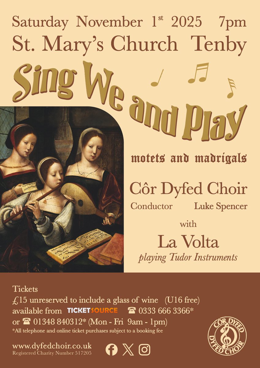 Really looking forward to this concert! A chance to hear madrigals and motets sung by Côr Dyfed Choir alongside instrumental music from the same period played on a wide-range of early instruments by La Volta.#cordyfedchoir#madrigals#lavolta #stmaryschurchtenby