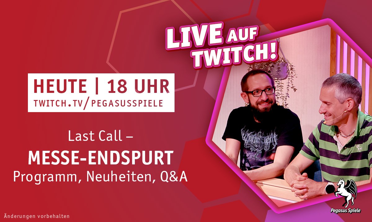 Heute streamen wir wieder live auf twitch.tv/pegasusspiele! Schaltet um 18 Uhr ein und erfahrt alles zu unserem Programm und den geplanten Aktionen an unserem Stand auf der SPIEL Essen 2025.

Ihr habt Fragen zu unserem Programm? Dann stellt sie direkt live im Chat!