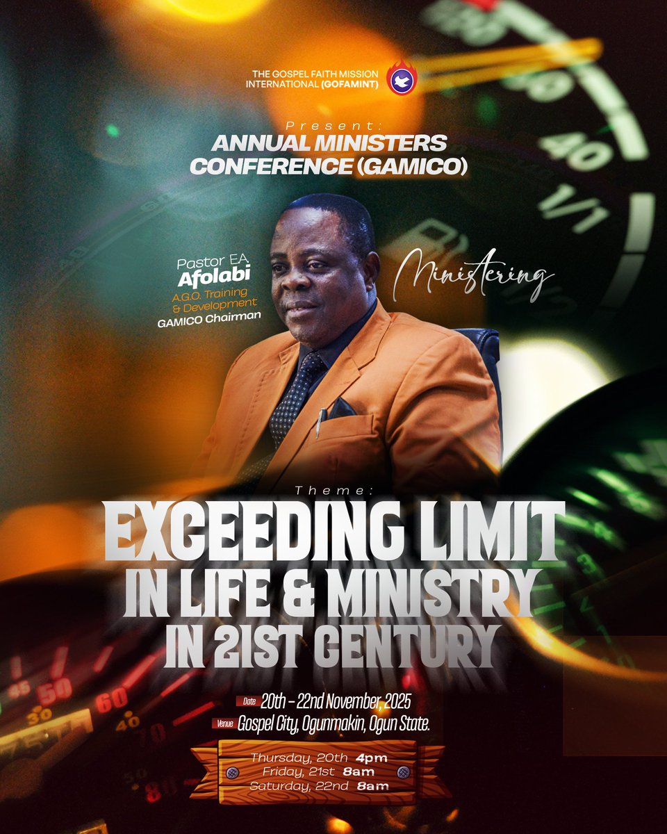 gofaminthq's tweet photo. A vessel of grace.
A voice of wisdom.
A leader shaping generations.

At GAMICO 2025, God will be speaking through Pastor E.A. Afolabi, A.G.O. Training &amp; Development and GAMICO Chairman.

#GOFAMINT
#GAMICO
#ExceedingLimitInLifeAndMinistry https://t.co/DO5gfXqyVv