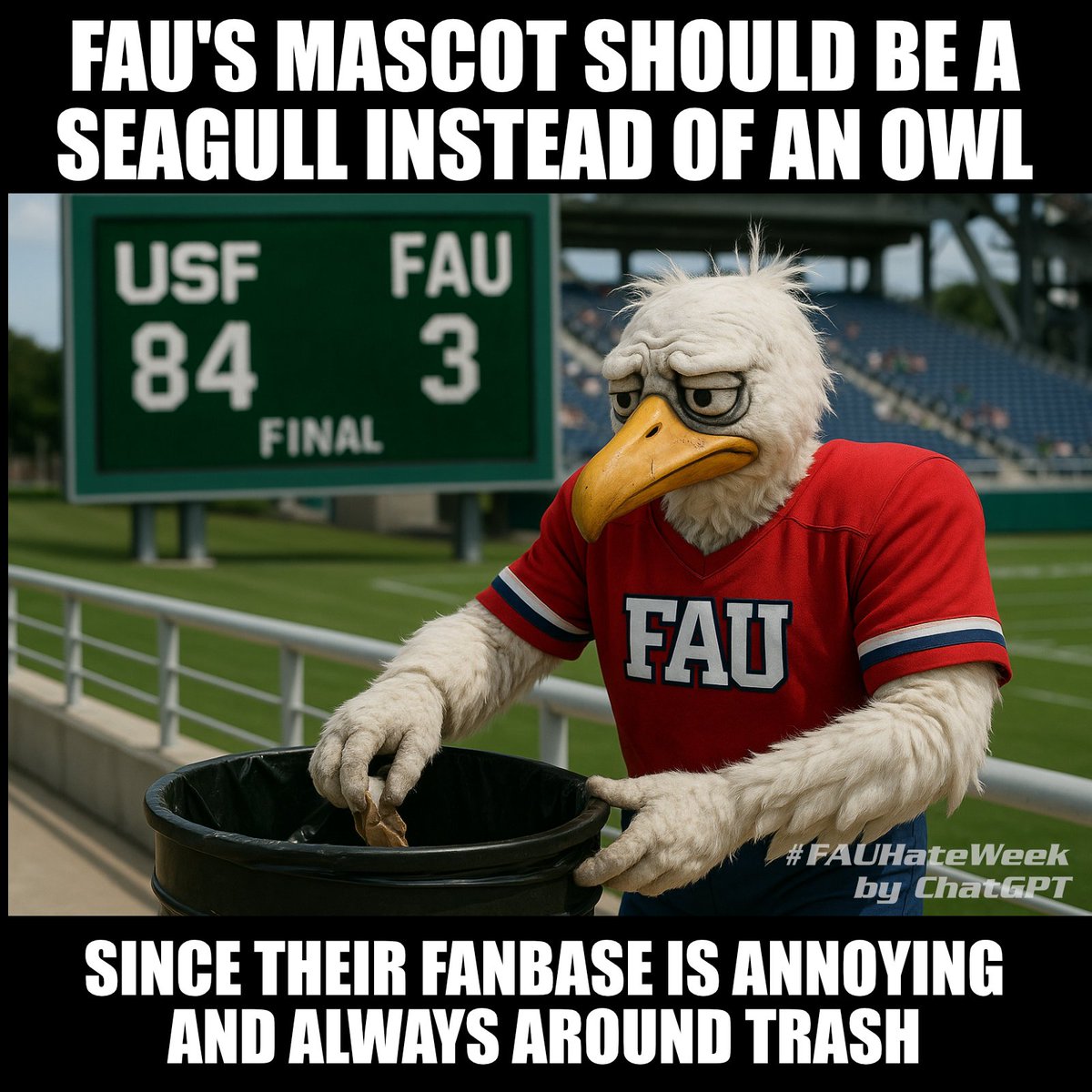 UCF_Collapse's tweet photo. #FAUHateWeek continues today, but they're too irrelevant to waste any time on. Accordingly, I've outsourced my Hate Week memes to ChatGPT so I can focus on more challenging things, like folding clothes. Here's ChatGPT #FAUHateWeek meme number 2. https://t.co/mvirNx48EH