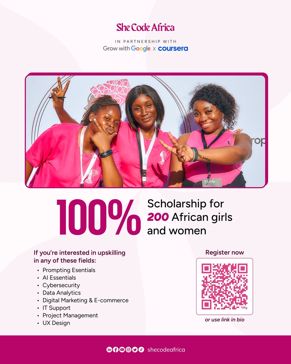 SheCodeAfrica's tweet image. To celebrate the International Day of the Girl Child, we are excited to announce that She Code Africa, in partnership with Grow with Google and Coursera, is once again offering full scholarships to 200 African women eager to upskill! 🥳 🥳
This 24-week program is open to women…