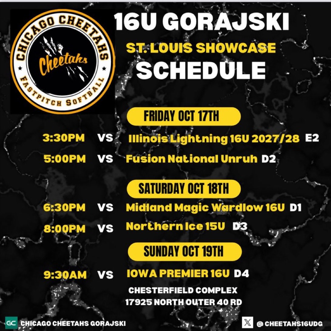 Come check us out in St. Louis!!
<a href="/SBRRetweets/">Softball Recruiting Reposts</a> <a href="/CoastRecruitsSB/">Coast Recruits 🥎</a> <a href="/NCAASoftball/">NCAA Softball</a> <a href="/Coach_Fisher/">Jen Fisher</a> <a href="/CoachJordanSB/">Jordan Clark</a> <a href="/lizjagielski/">Elizabeth Jagielski</a> <a href="/rhaney_harris/">Rhaney Harris</a> <a href="/Cheetahs16uDG/">Chicago Cheetahs -Gorajski</a>