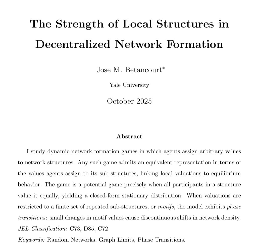 jbetancourt015's tweet photo. New working paper!

Have you ever wondered how the way you form friendships, partnerships, etc affects the structure of how society as a whole interacts? 

It turns out that even small changes to individual incentives can have huge aggregate effects!

A 🧵: https://t.co/dNn1joMdfi