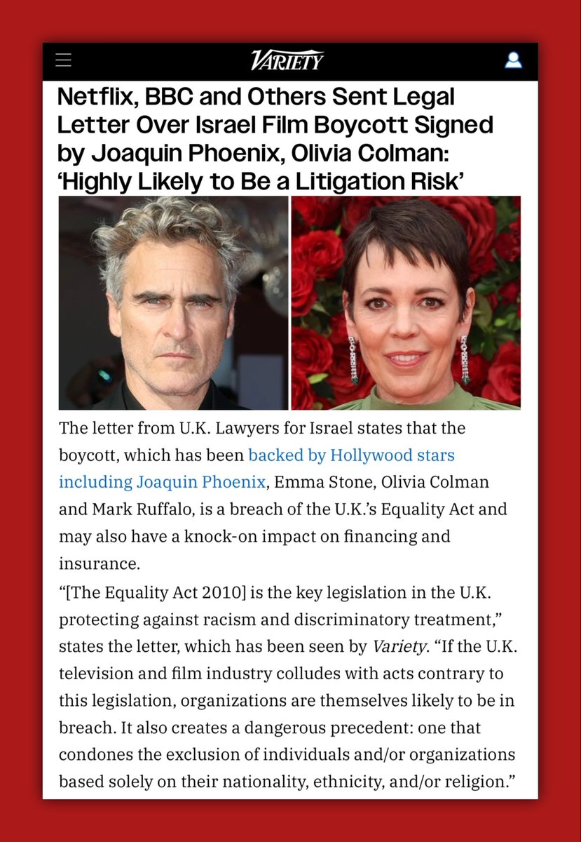 GenXGirl1994's tweet photo. Wanna see the IHRA at work?

The UK codified the IHRA definition of antisemitism into law, making criticism of Israel antisemitic

Hollywood actors are boycotting the Israeli film industry because of Israel’s apartheid & genocide. UK lawyers for Israel sent letters to Netflix, BBC etc stating that if they feature work by these actors, they are also liable for discrimination & violation of the UK Equality Act. In other words, Israel is forcing the networks to punish actors for boycotting or get sued, lose their insurance coverage and funding

Short of the UK recognizing Israel has committed genocide (a fact confirmed by every major human rights group), Israel will play these games to sue anyone attempting to boycott the genocidal entity

Trump adopted the IHRA through executive orders 13899 & 14188 because it failed to pass in Congress 11 times